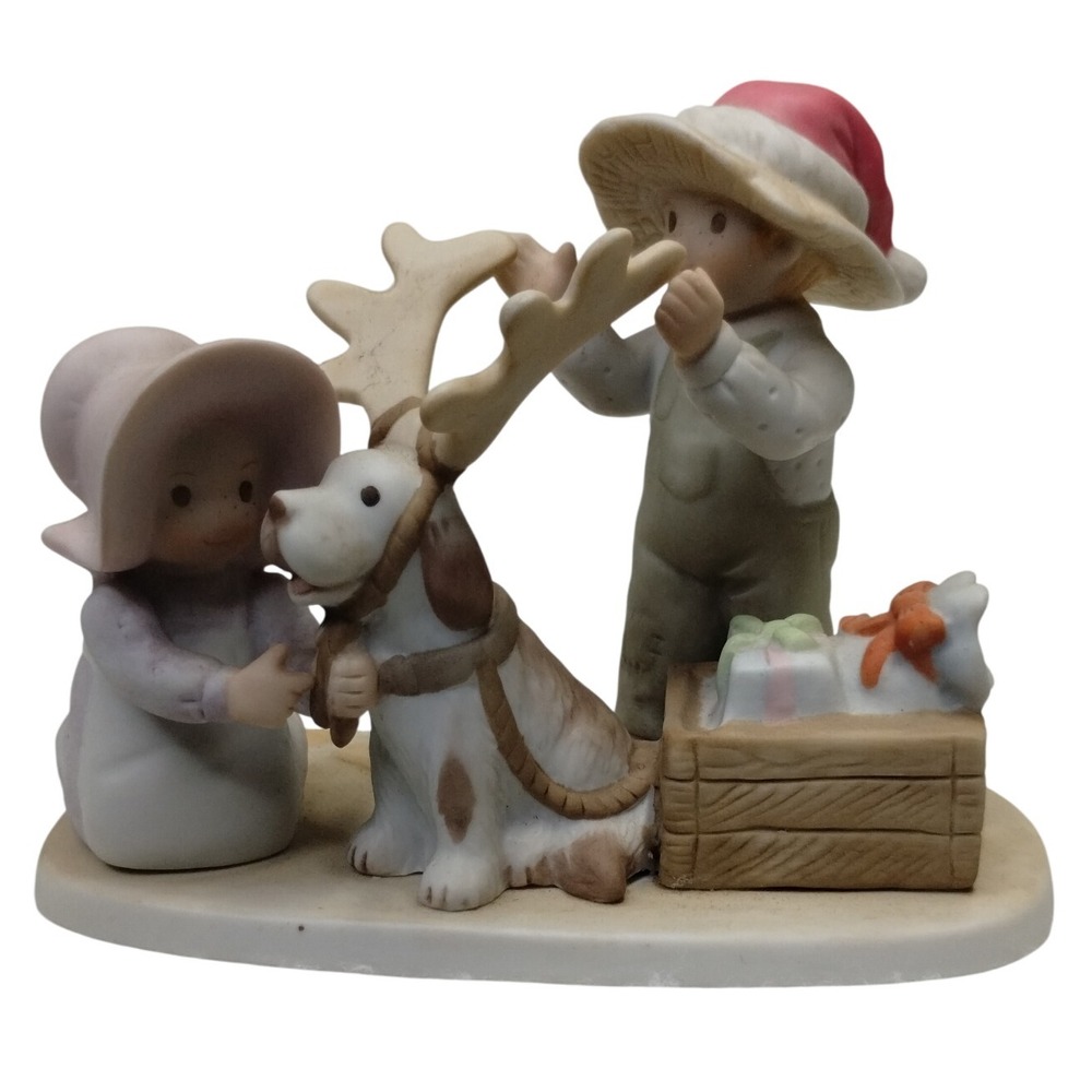 1994 Circle of Friends Santa's Helper Figurine Kids Dog Reindeer Antlers‎